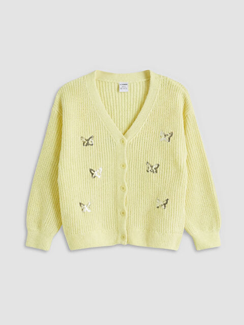 LCW Kids V Yaka Payet İşlemeli Kız Çocuk Triko Hırka - W6F110Z1-2RF