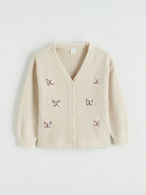 LCW Kids V Yaka Payet İşlemeli Kız Çocuk Triko Hırka - W6F110Z1-V9H