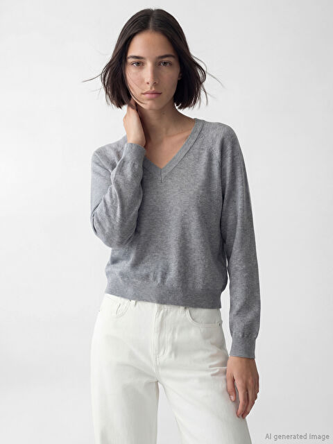 LCW Vision V Yaka Kadın Triko Kazak - W6F645Z8-D2X