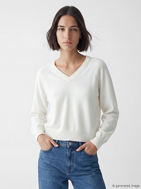 LCW Vision V Yaka Kadın Triko Kazak - W6F645Z8-FDU