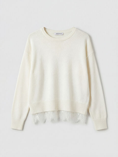 LCWAIKIKI Classic Bisiklet Yaka Dantel Detaylı Kadın Triko Kazak - W6I178Z8-R9J