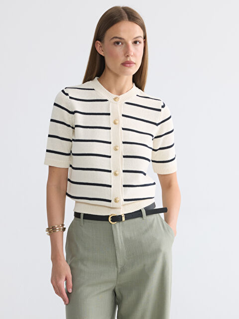 LCW EVERYDAY Bisiklet Yaka Çizgili Kadın Triko Hırka