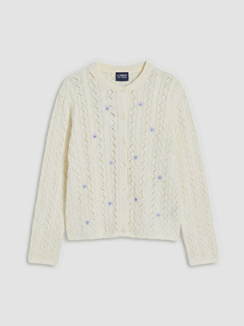 LCW Kids Çiçek Nakışlı Kız Çocuk Ajurlu Triko Hırka