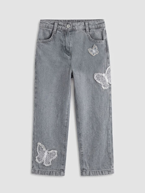 LCW Kids Standart Kalıp Kelebek Nakışlı Kız Çocuk Jean Pantolon