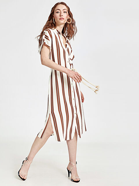 LCW Vision Платье-рубашка женское в полоску с V-образным вырезом - 9SN946Z8-LEY