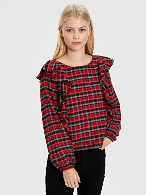 LCW Vision Ruffle Detail Women's Long Sleeve Plaid Shirt - 9WR362Z8-LPA