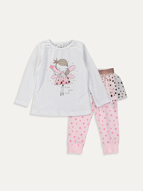 LCW baby بدلة بيجاما مطبوعة للبنات الصغار برقبة دائرية وأكمام طويلة - 9W5637Z1-E5X