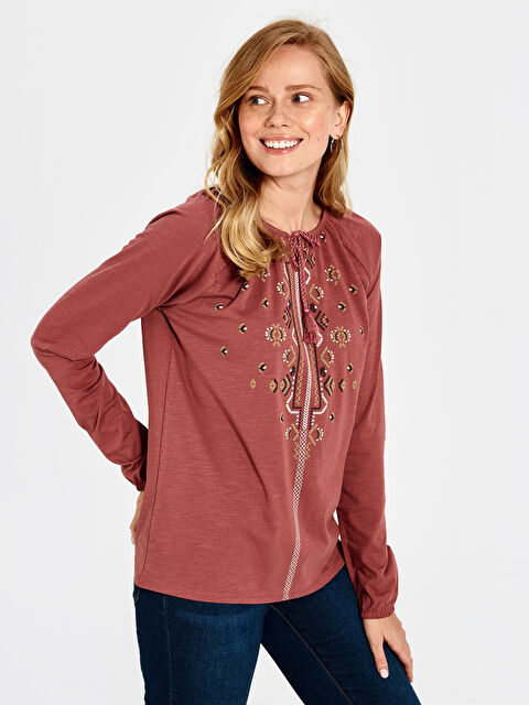 LCW Grace Lapel Collar Long Sleeve Women's T-Shirt - 0S6616Z8-H8U