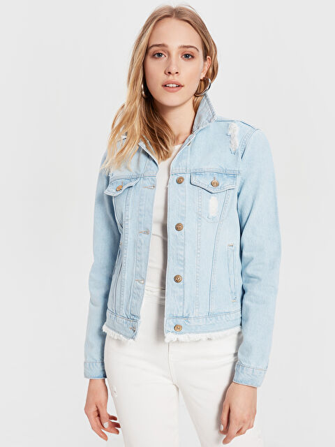 LCW Vision سترة جينز نسائية ممزقة بالتفصيل كم طويل - 0S7361Z8-311