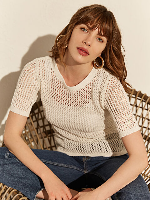 LCW Vision Crew Neck Short Sleeve Women's Sweater - 0SM383Z8-EEW