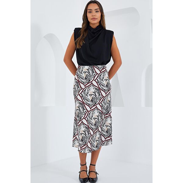 Kadın Siyah Beyaz Desenli Saten Etek 15806