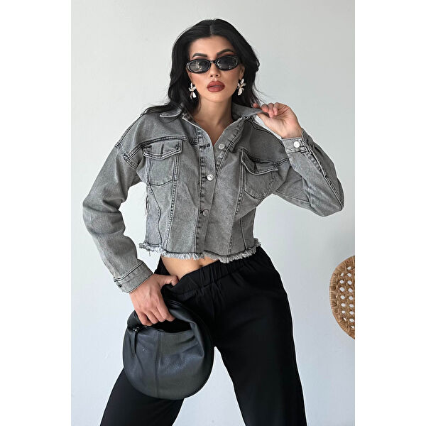 Çift Cepli Demin Crop Ceket Buz Mavi - 27299