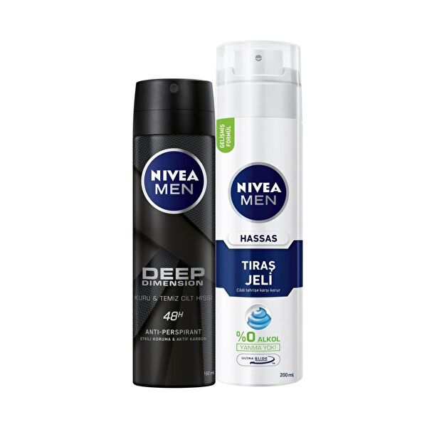 Deep Dimension Erkek Sprey Deodorant 150 ml+Tıraş Jeli Hassas Ciltler İçin 200 ml 2'li Set