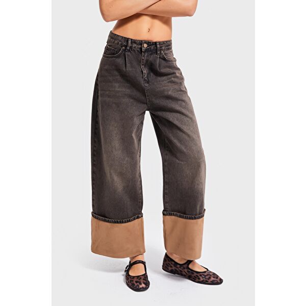 Kadın Koyu T.Kot Rengi 4w5-137 Süper Baggy Fit Paça Süet Kumaş Detaylı Tasarım Denim Jean