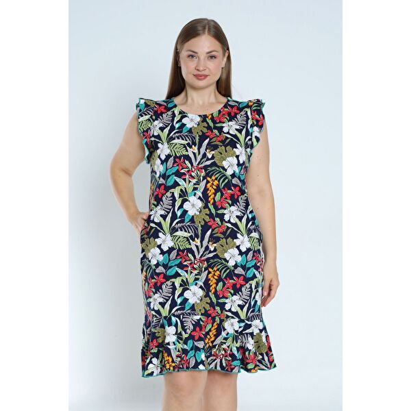 Kadın Büyük Beden Desenli %100 Pamuk Cepli Kolu Ve Eteği Fırfırlı Elbise