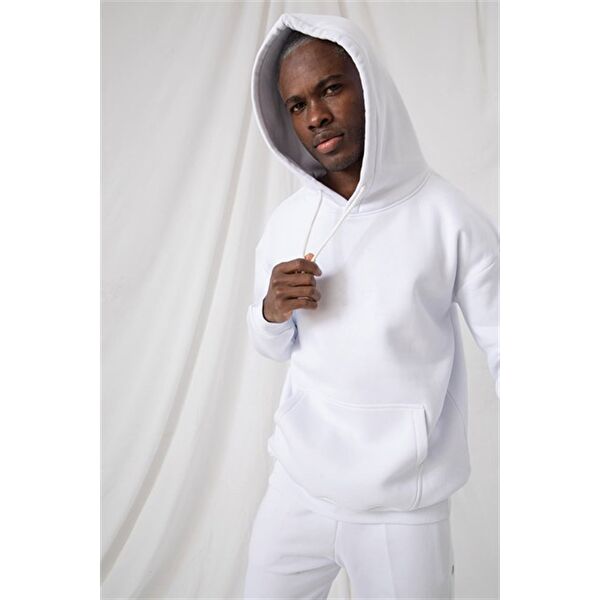 Erkek Stay Oversize Beyaz Hoodie Sweatshirt