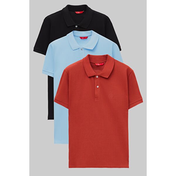 Regular Fit Lacivert/Turkuaz/Beyaz Pike Dokulu %100 Pamuk Polo Yaka Tişört