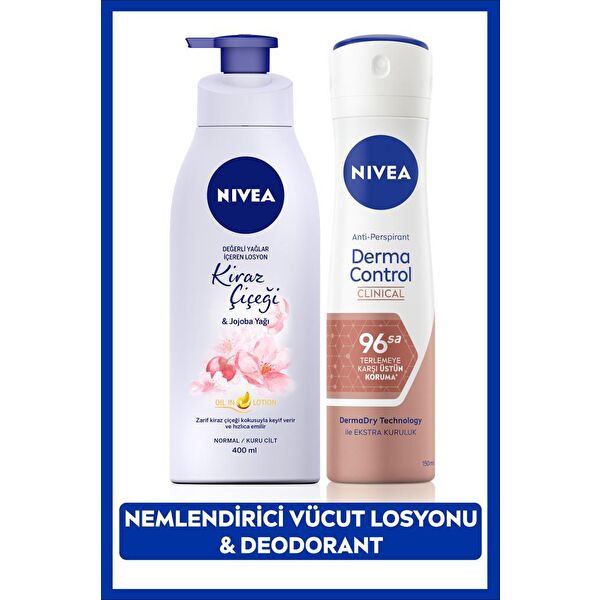 Kadın Sprey Deodorant Derma Control Clinical 150ml, Kiraz Çiçeği Nemlendirici Vücut Losyonu 400ml
