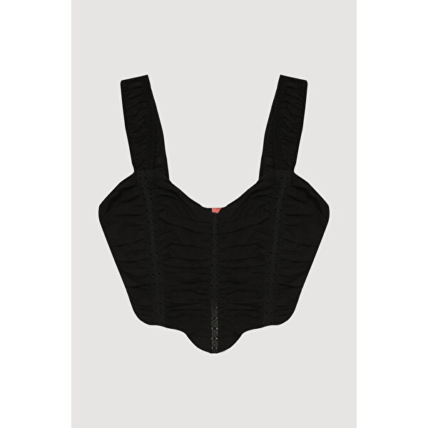 Dantel Detaylı Drapeli Crop Bluz Siyah