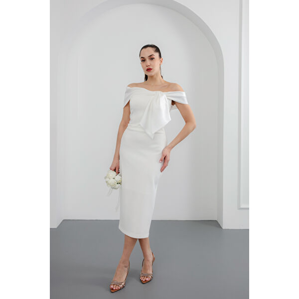 Kadın Beyaz Dar Kalıp Yaka Detaylı Söz Nişan Nikah Abiye Elbise