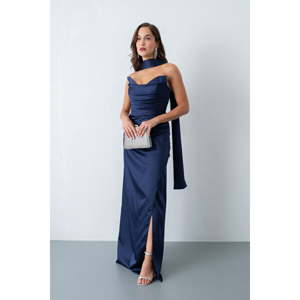 Kadın Siyah Şal Yaka Saten Uzun Abiye Elbise