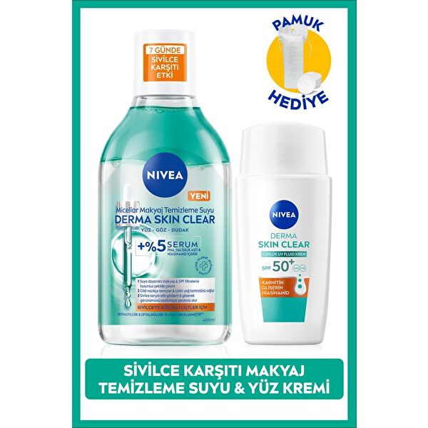 SPF50 Derma Skin Clear Sivilce Karşıtı Güneş Koruyucu Krem40ml ve Makyaj Temizleme Suyu,Pamuk Hediye