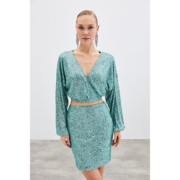 Payetli Kruvaze Bluz - Pudra