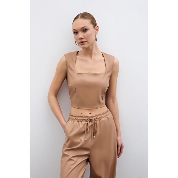 Kare Yaka Deri Crop - Kahve