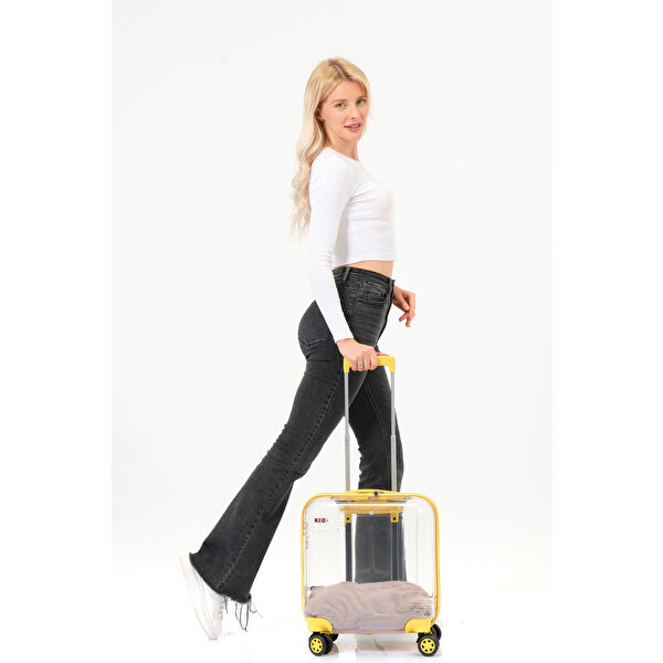 Şeffaf Evcil Hayvan Valizi Sarı Aksesuarlı – 360° Döner Tekerlekli