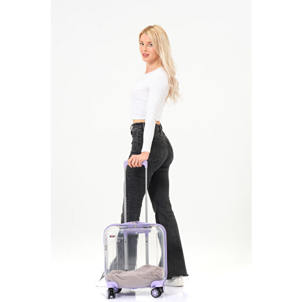 Şeffaf Evcil Hayvan Valizi Sarı Aksesuarlı – 360° Döner Tekerlekli