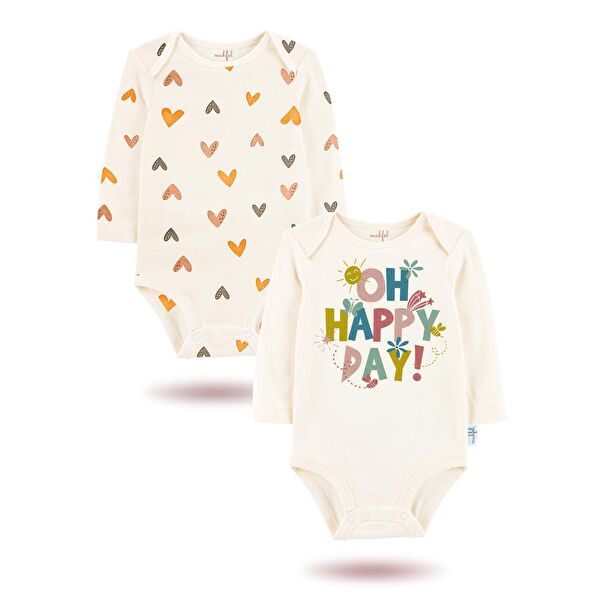 2'Li " OH NE MUTLU BİR GÜN "Baskılı Uzun Kollu Unisex Bebek Çıtçıtlı Body