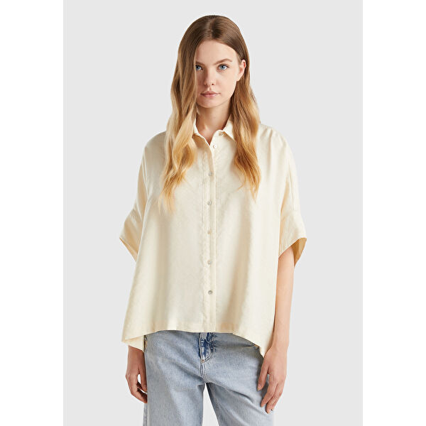 Kadın Krem Modal Karışımlı Hafif Oversize Truvakar Kol Gömlek