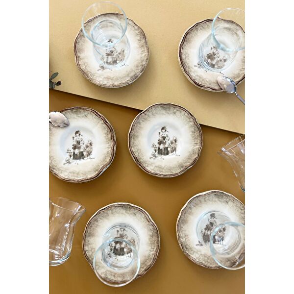 Porselen Ella Çay Bardak ve Tabak Takımı 6 Kişilik 12 Parça