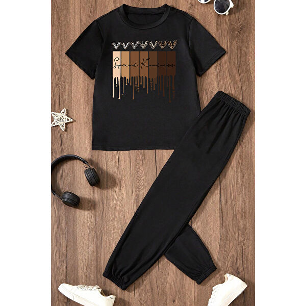 Çocuk Leopar Kalp Baskılı Alt - Üst Eşofman Takımı