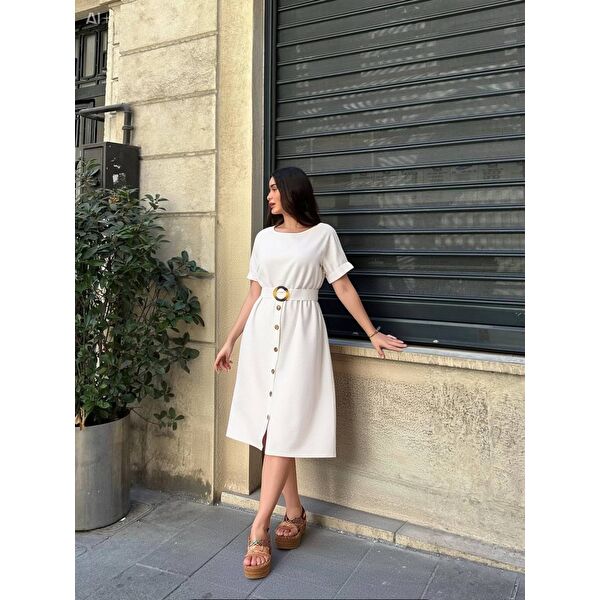 Kadın Krem Kemerli Düğmeli Yazlık Keten Görünümlü  Viskon Elbise HZL23S-BD123891