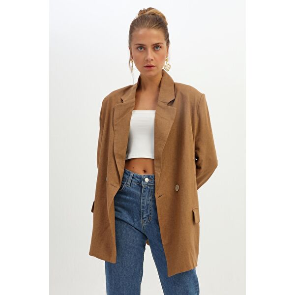Kruvaze Yaka Tek Düğmeli Keten Görünümlü Blazer Ceket Kahverengi