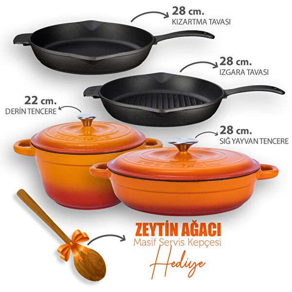 4X New Heritage Serisi Döküm Demir Tencere Tava Çeyiz Seti