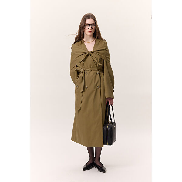 Şal Detaylı Tasarım Trençkot Krem