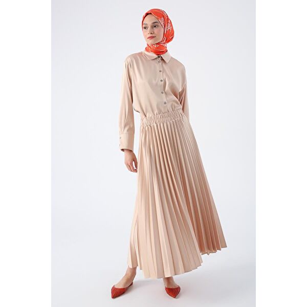 Taş Beli Lastikli Piliseli Rahat Kalıp Saten Etek