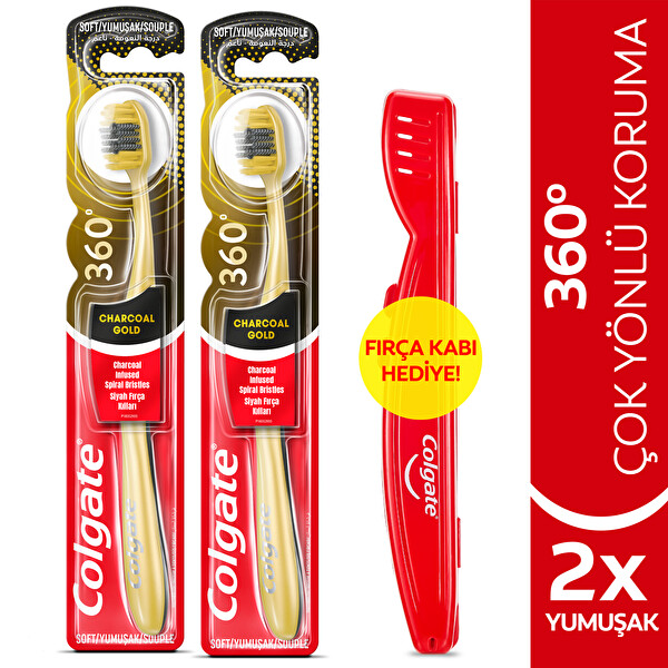 Colgate 360 Charcoal Gold Çok Yönlü Koruma Yumuşak Diş Fırçası X 2 Adet + Diş Fırçası Kabı Hediye