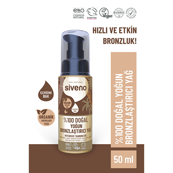 Siveno %100 Doğal Bronzlaştırıcı Yağ Organik Avokado Yağı Nemlendirici Yoğun Bronzlaştırıcı 50 Ml