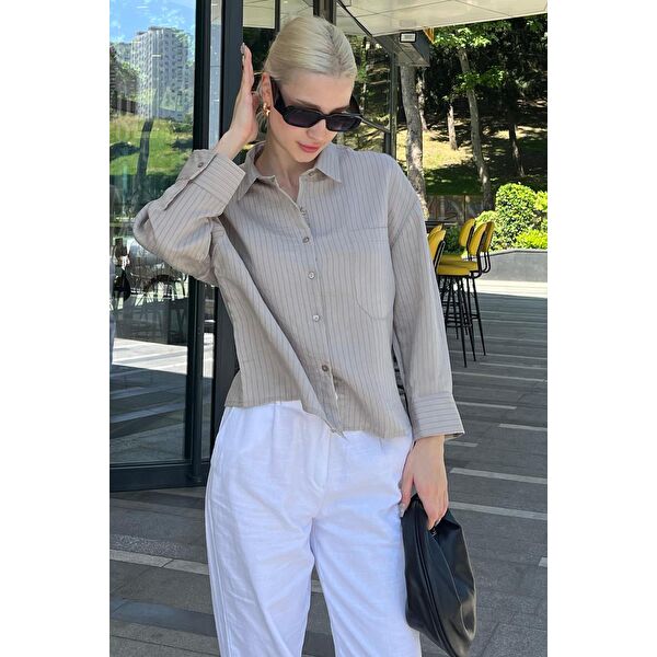 Camel Çizgili Oversize Kadın Gömlek Mg2093