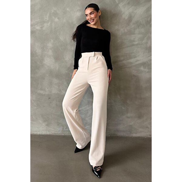 Beyaz Elastanlı Cırt Kapamalı Palazzo Pantolon Mg2291