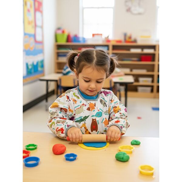 2-4yaş, Zoo, Uzun Kollu, Sıvı Geçirmez, Makinede Yıkanabilir, Cepli, Cırtlı Bebek Mama Önlüğü