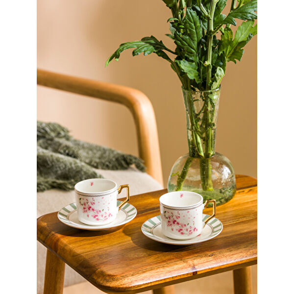 Çiçek Desenli 2 Kişilik Porselen Kahve Fincan Takımı 90 ml