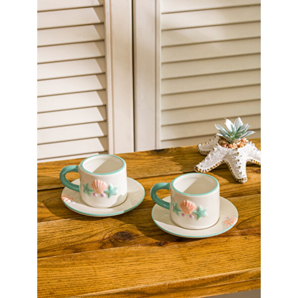 Deniz Kabuğu Baskılı 2 Kişilik Seramik Kahve Fincan Takımı 100 ml