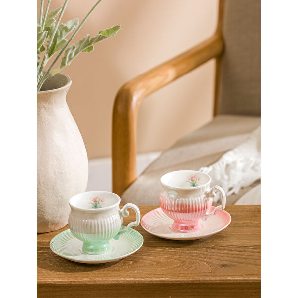 Çiçek Baskılı 2 Kişilik Porselen Kahve Fincan Takımı 90 ml