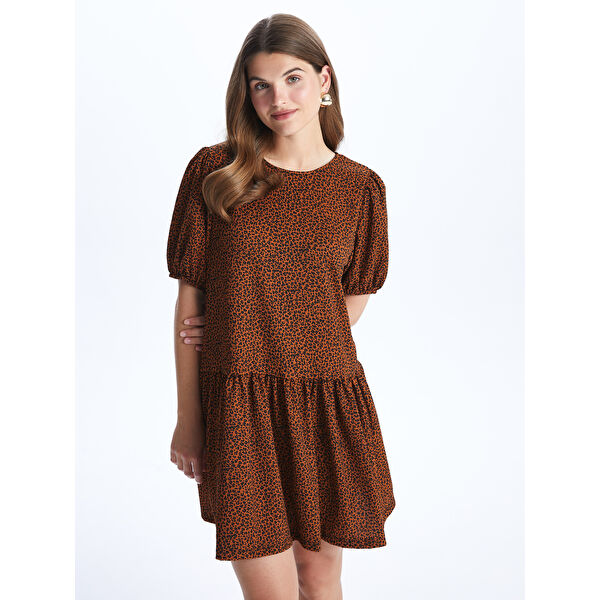 Bisiklet Yaka Desenli Kısa Kollu Elbise