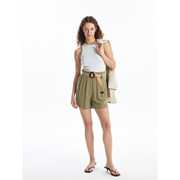 Beli Kemerli Keten Karışımlı Kadın Şort
