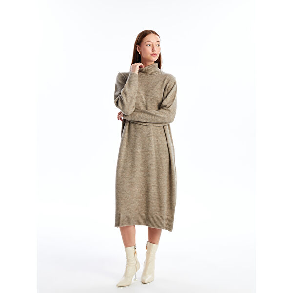 Balıkçı Yaka Düz Uzun Kollu Oversize Kadın Triko Elbise